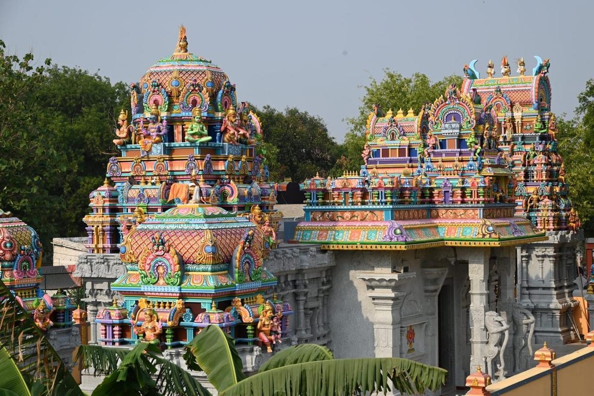 श्री बालाजी नरसिंह मंदिर का गोपुरम् — बहुरंगी मूर्तिकला